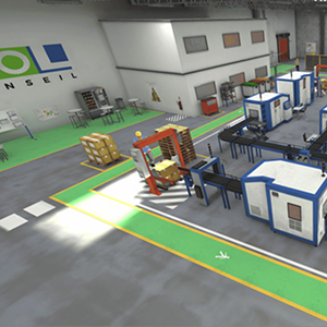 Environnement virtuel industriel utilisé en formation sécurité pour analyser les risques.