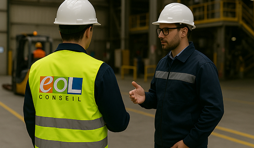 Agent HSE expliquant les règles de sécurité à un opérateur sur site industriel