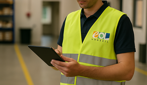 Salarié utilisant une tablette pour suivre une formation HSE digitale