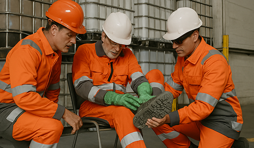 Équipe HSE assistant un opérateur après incident simulé