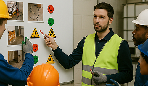 Équipe échangeant autour de standards qualité et sécurité sur un site industriel